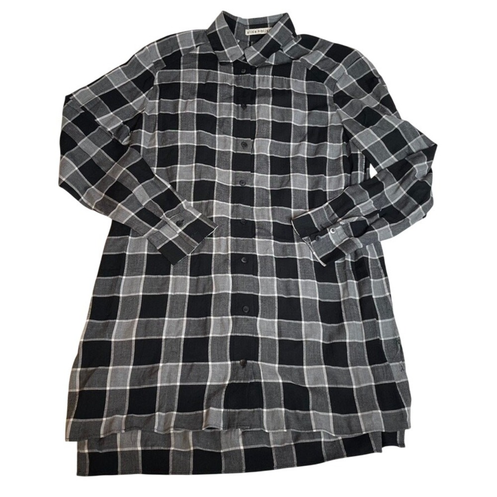 Alice + Olivia Black Grey Plaid Long Sleeve Tunic Button Up Top C508042298 6 S